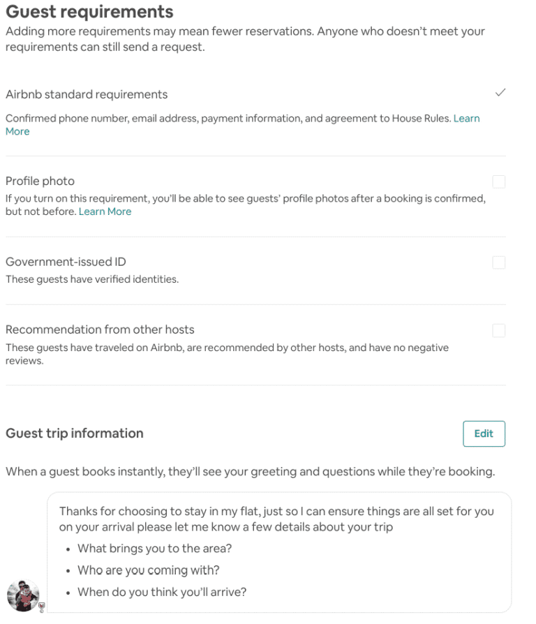 Set Airbnb Booking Requirements